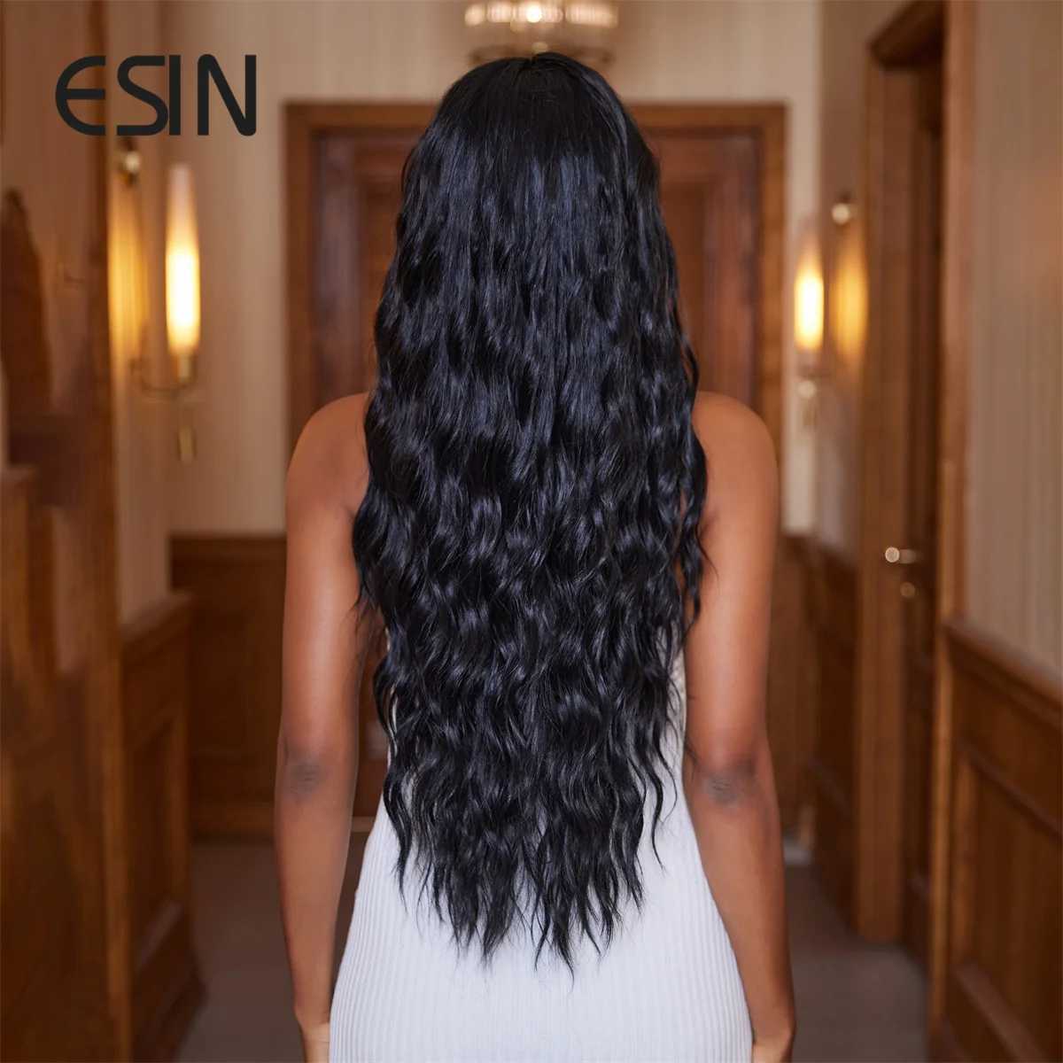 Perruques synthétiques ESIN Perruque synthétique longue ondulée noire, cheveux bouclés de longueur moyenne pour femmes, perruques d'aspect naturel pour un usage quotidien, résistantes à la chaleur 240328 240327