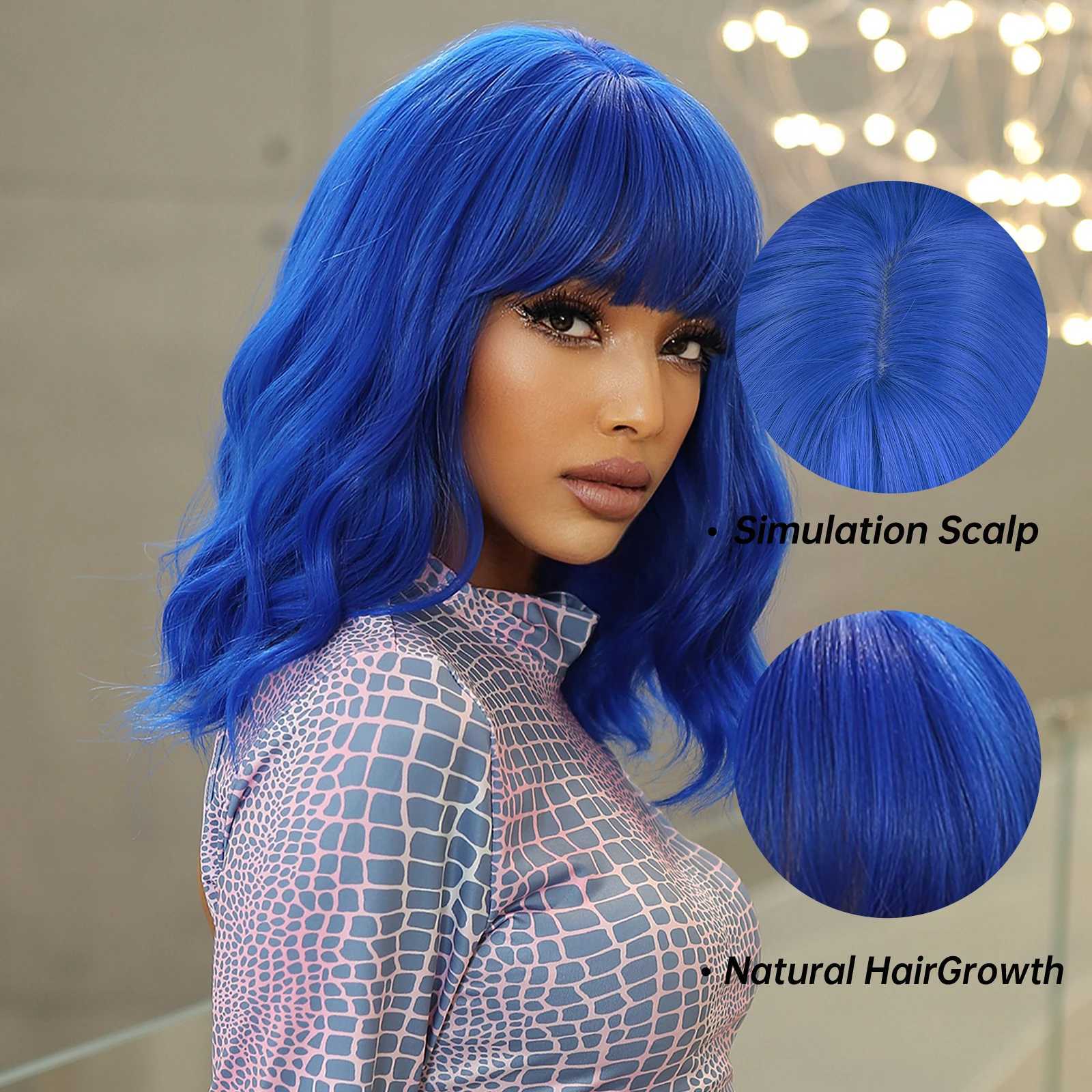 Synthetic Wigs Short Wavy Dark Blue Wig Synthetic Shoulder Long Wigs with Bangs for Women Colorful Halloween Cosplay Hair Wig Heat Resistant 240328 240327