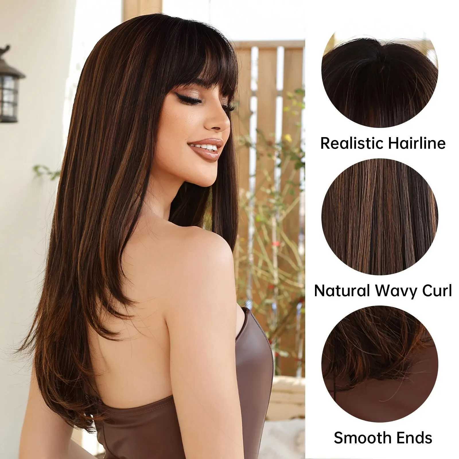 Perruques synthétiques Perruques de cheveux raides brun foncé pour femmes perruque synthétique longue avec frange coiffure en couches utilisation quotidienne fibre résistante à la chaleur 240328 240327