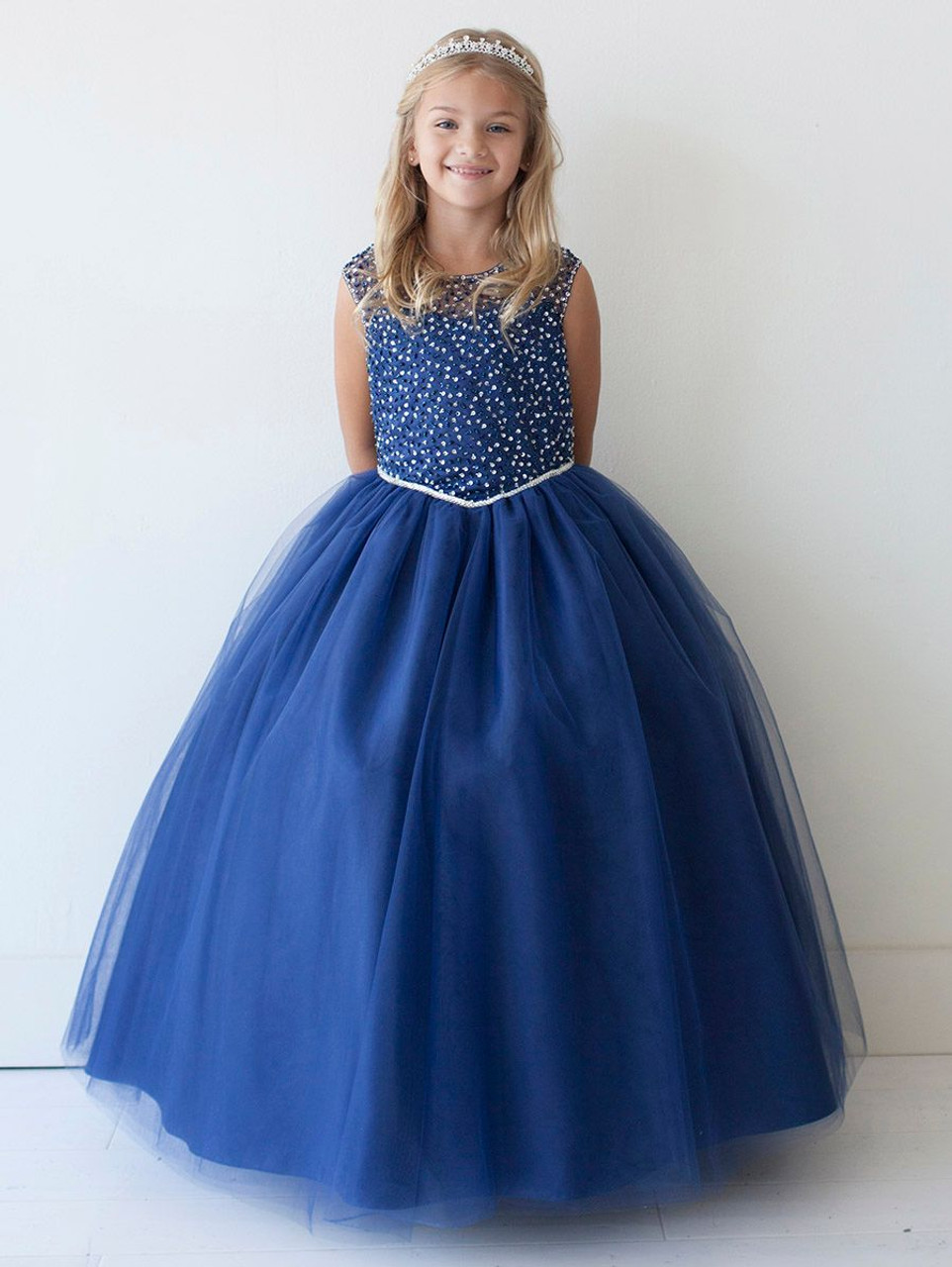 Sweet Navy Blue Tulle Beads Jewel Golvlängd Flower Girl Dress Girl's Pageant Dresses Födelsedagsklänningar Girl's kjol Custom SZ 2 4 6 8 10 12 D318005