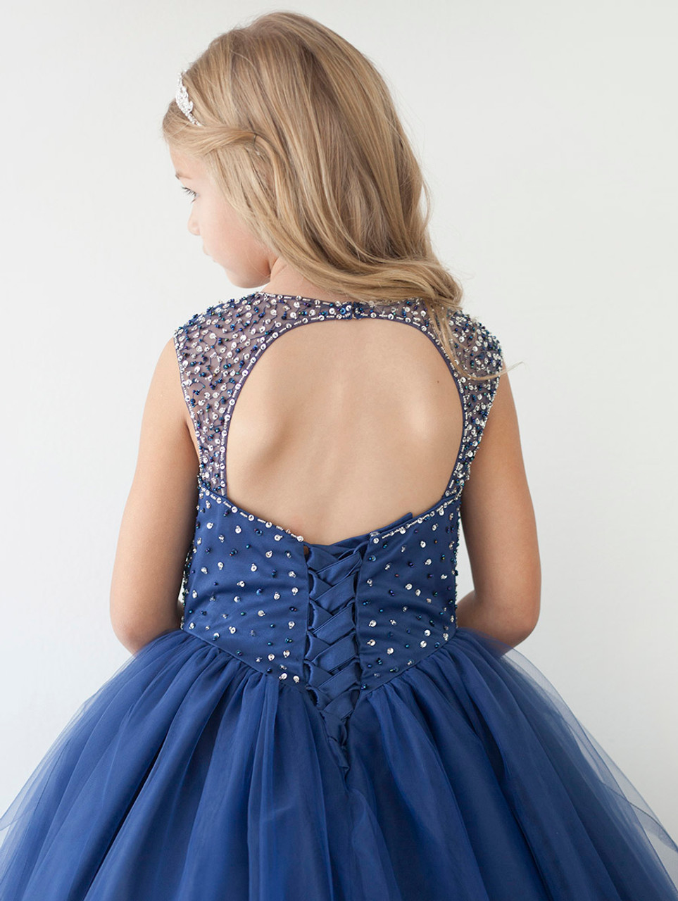 Sweet Navy Blue Tulle Beads Jewel Golvlängd Flower Girl Dress Girl's Pageant Dresses Födelsedagsklänningar Girl's kjol Custom SZ 2 4 6 8 10 12 D318005