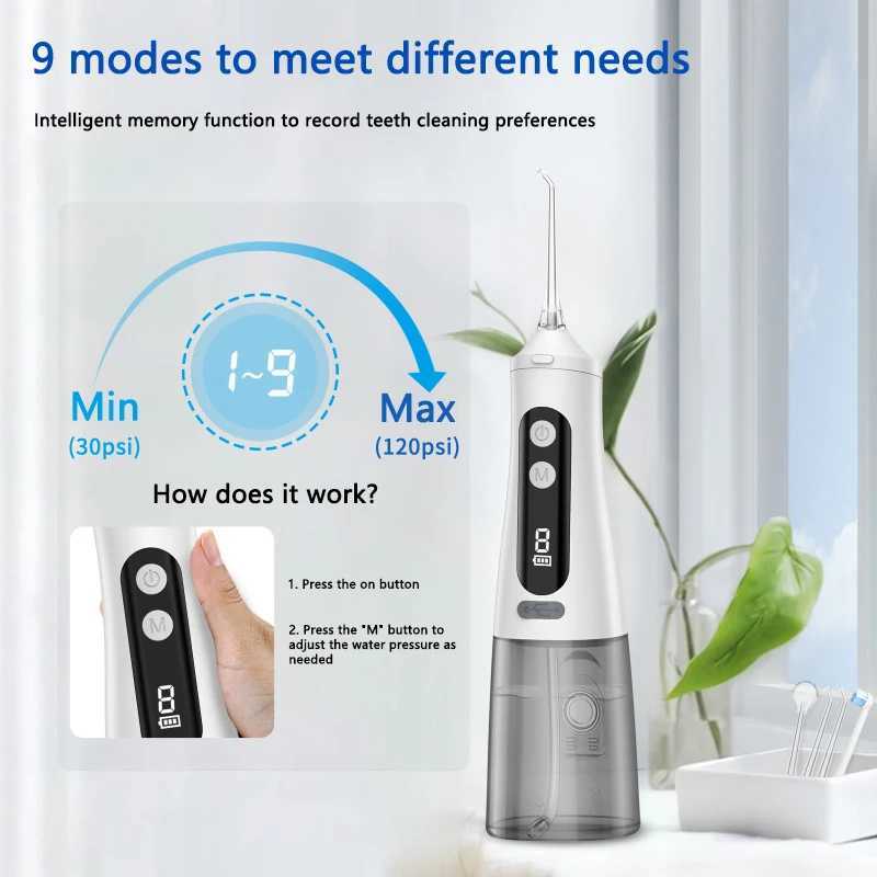 Oral Irrigators Portable oral irrigator dental sink USB charging sink dental pick 4 nozzles 350ml 9 mode IPX7 1800rpm J240318