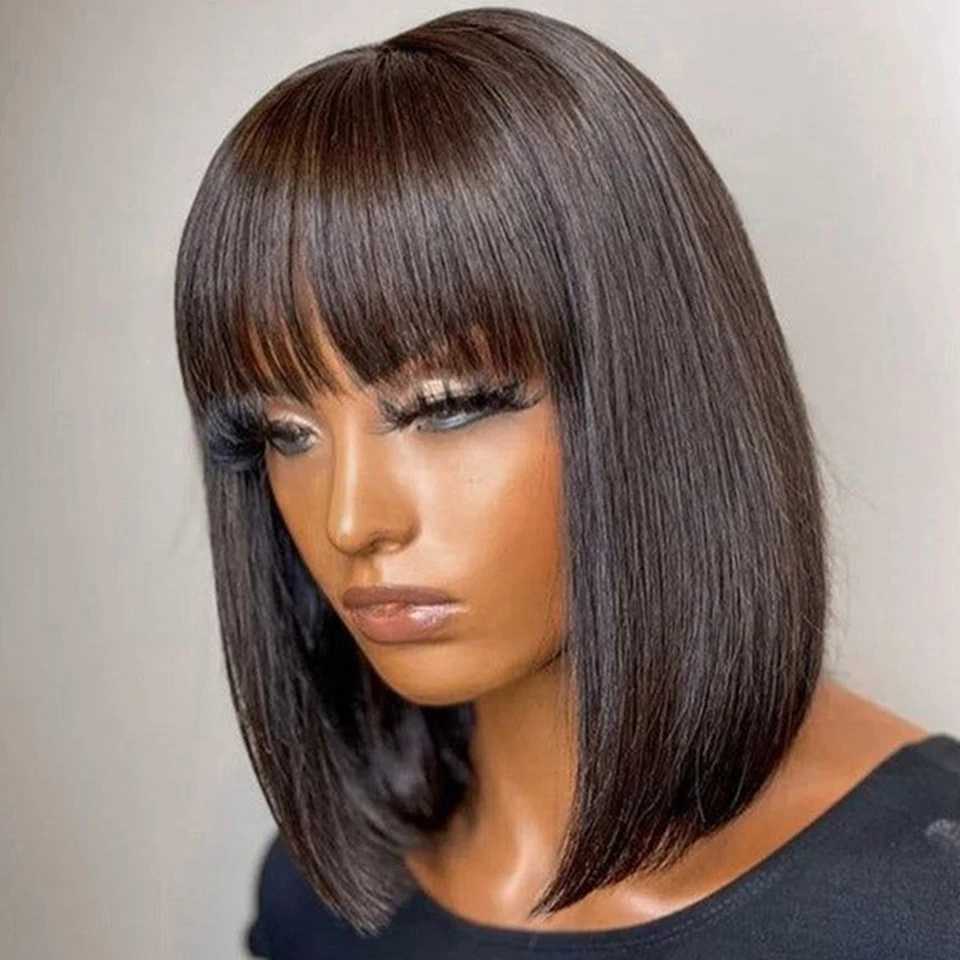 Synthetic Wigs Brazilian Short Straight Hair Bob Wigs Human Hair Wig With Bangs Remy Full Machine Made Wig for Women Non Lace Glueless Bob Wig 240328 240327