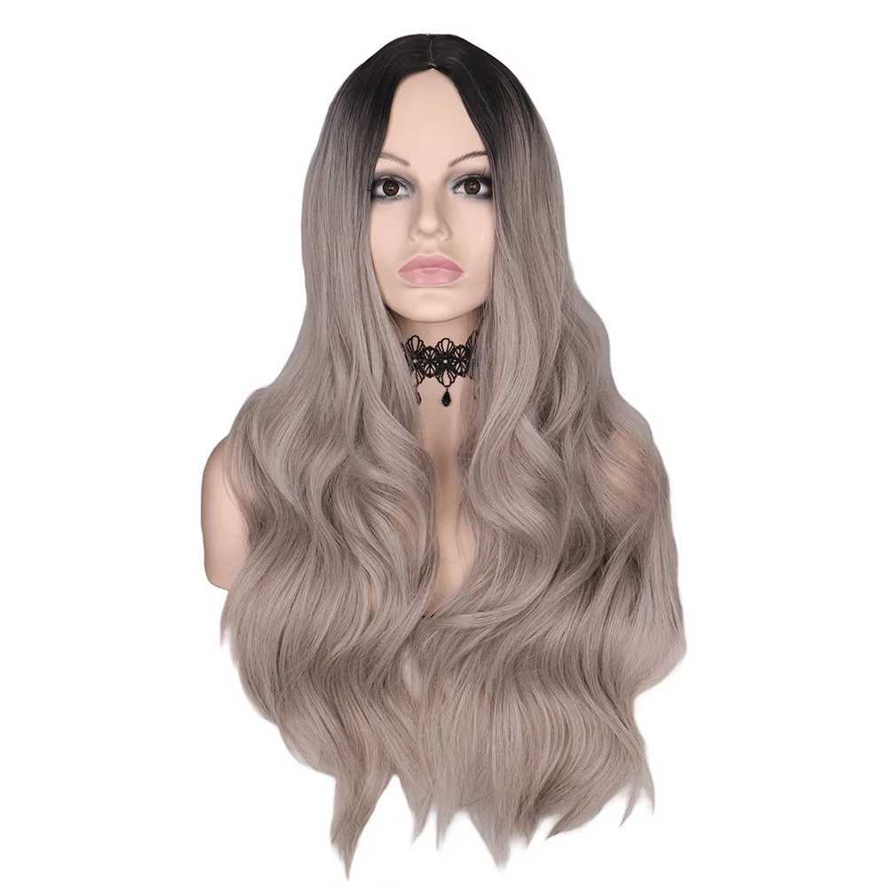 Synthetische Perücken WHIMSICAL W Lange gewellte Ombre-Schwarz-Grau-Mischblond-Perücken, natürlicher Mittelteil, hitzebeständiges Haar, synthetische Perücke für Frauen 240328 240327