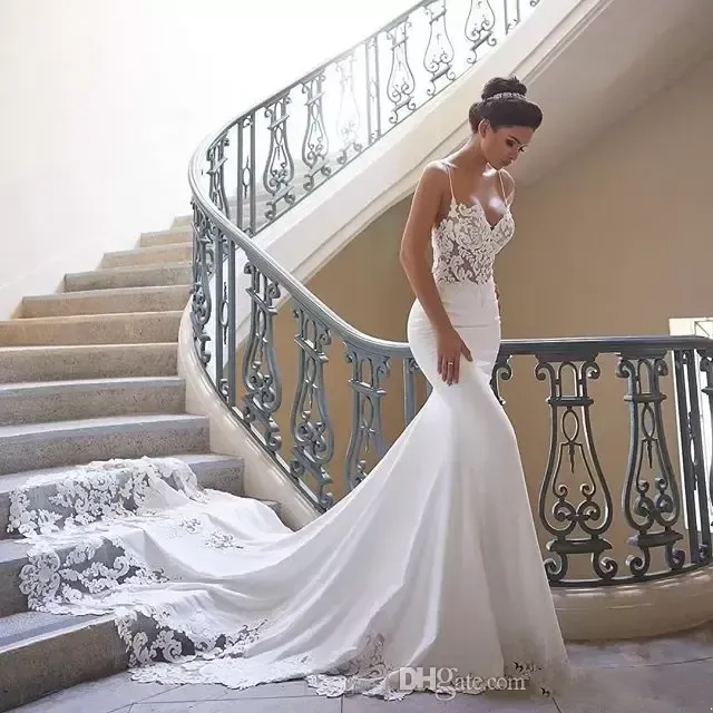 Robe de Mariee Sexy Spaghetti Straps plażowa syrena formalna okazja sukienki ślubne haft koronkowy aplikacja bez pleców sukienka ślubna