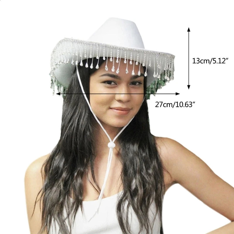 Fashion Rhinestone Fringe Cowgirl Hat Solid Color Western Cowboy Cap with Adjustable Drawstring Wide Brim Party Jazz Top Hat 240312