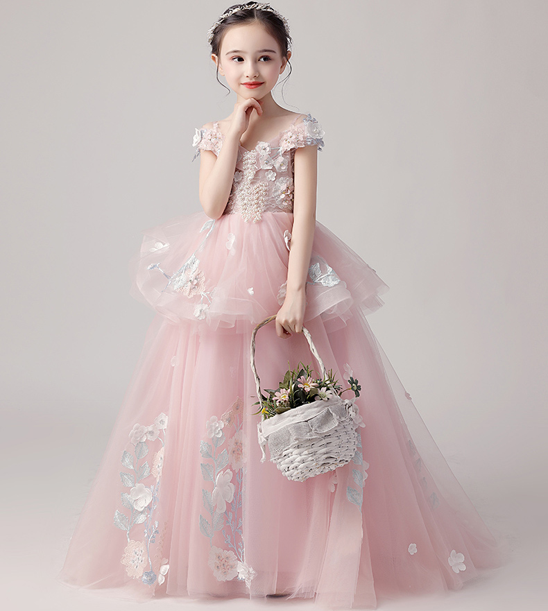 Artystyczny różowy tiul offshoder Applique Koraliki Flower Girl Dress Girl's Controse sukienki imprezowe/urodzinowe sukienki dziewczyna spódnica niestandardowa SZ 2-12 D318014