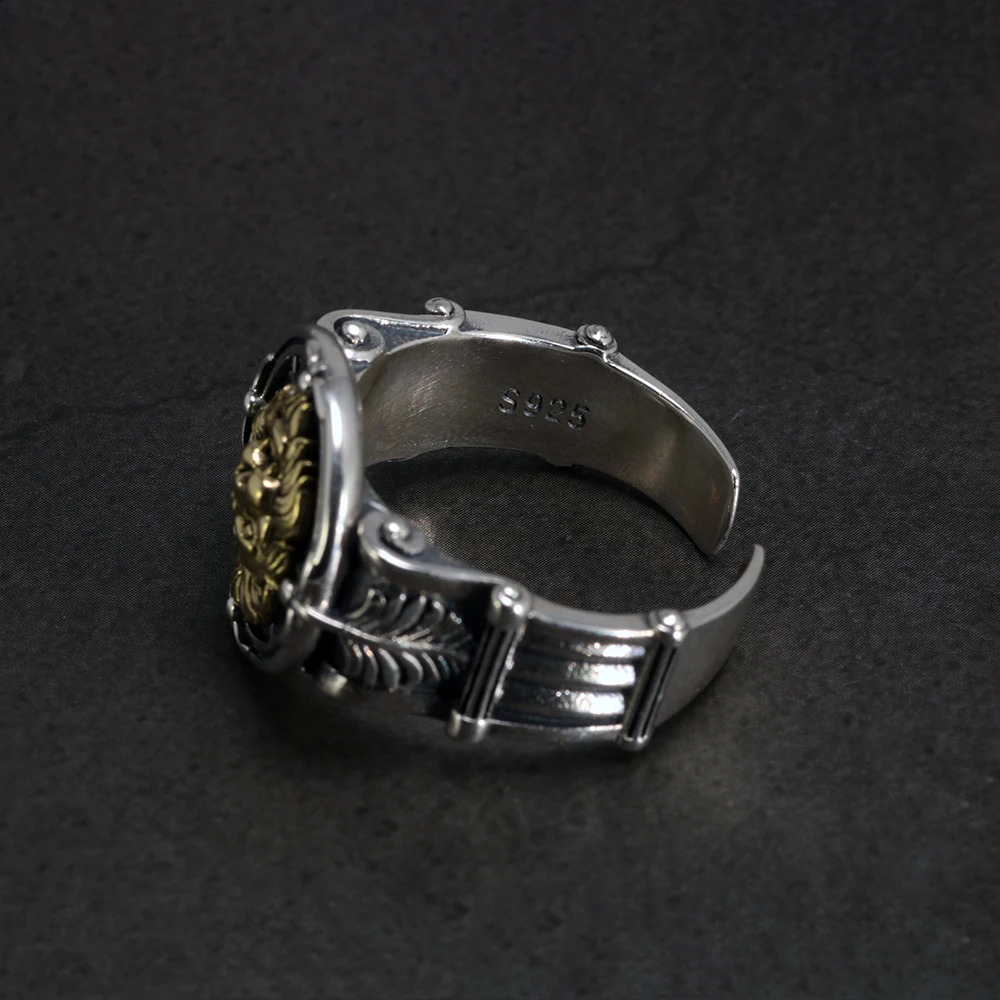 Sólido 925 plata esterlina para hombre anillo de león retro punk retro locomotora anillo para hombre hoja joyería masculina 240313