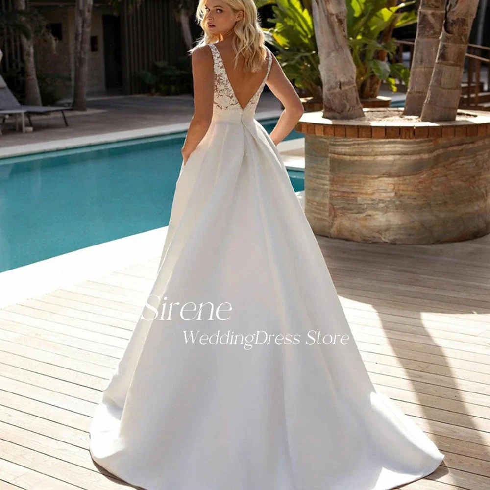 Abito da sposa in raso con applicazioni in pizzo da spiaggia Elegante scollo a V senza maniche senza schienale Abito da sposa Vestido De Novia Custom Made YD