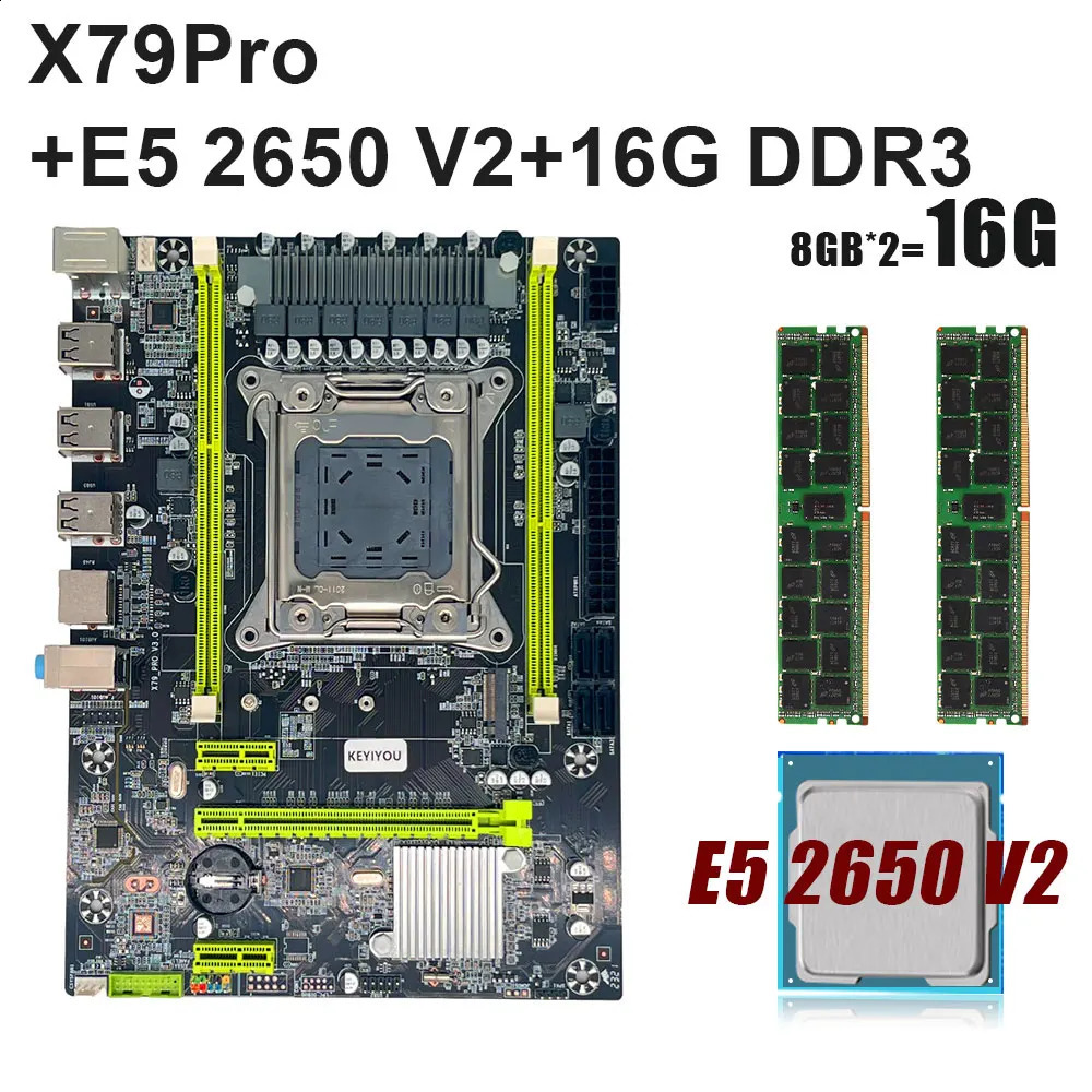 Keyiyou X79Pro Motherboard Set X79 Placa Mae Set LGA 2011 V1 V2 مع Xeon E5 2650 V2 Processor 16GB DDR3 ECC Reg Kit 240314