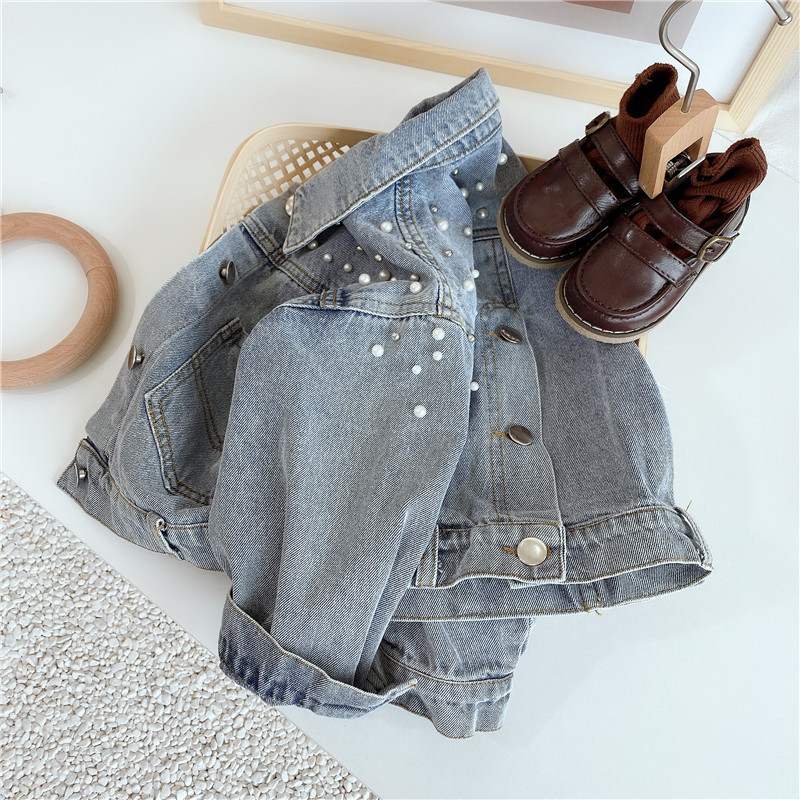 Fashion girls beaded denim jacket INS kids lapel long sleeve cowboy outwear children casual coat S1213