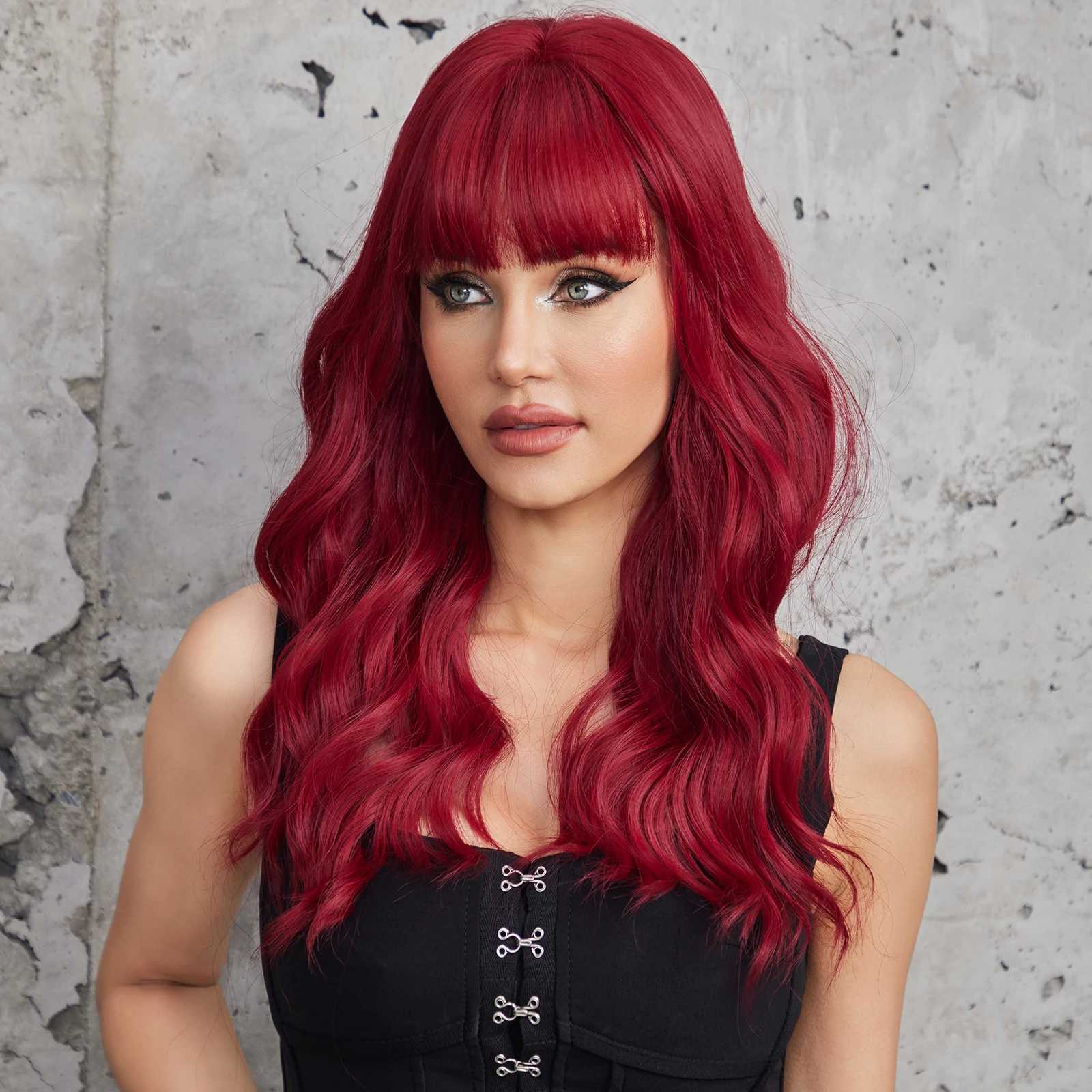 Synthetic Wigs Wine Red Long Wavy Christmas Costume Wig Hair Curly Fluffy Wave Dark Burgundy Cosplay Synthetic Wig with Bangs for White Women 240328 240327