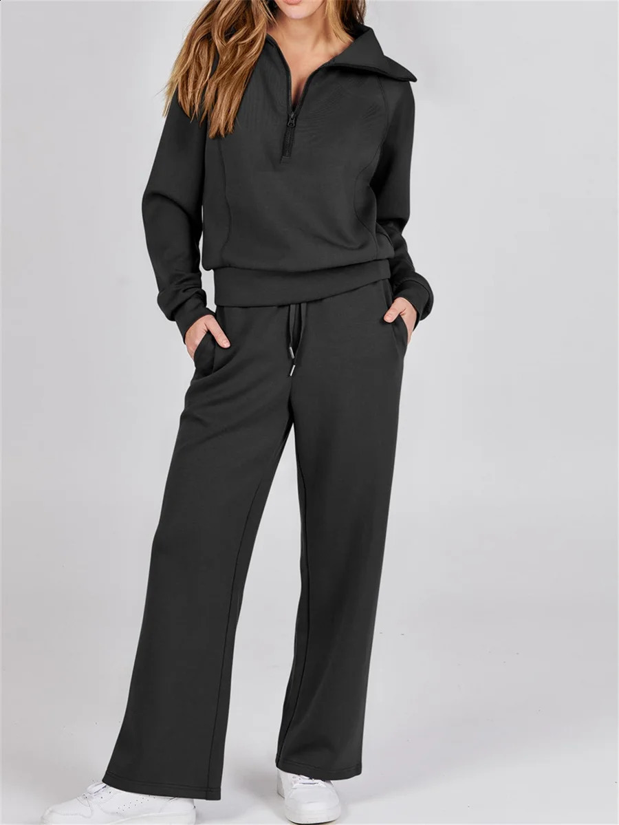 Fashion Women Outfits Sweatsuit Set Fall Oversized Half Zip Sweatshirt Wide Leg Sweatpant Lounge Tracksuit 240305