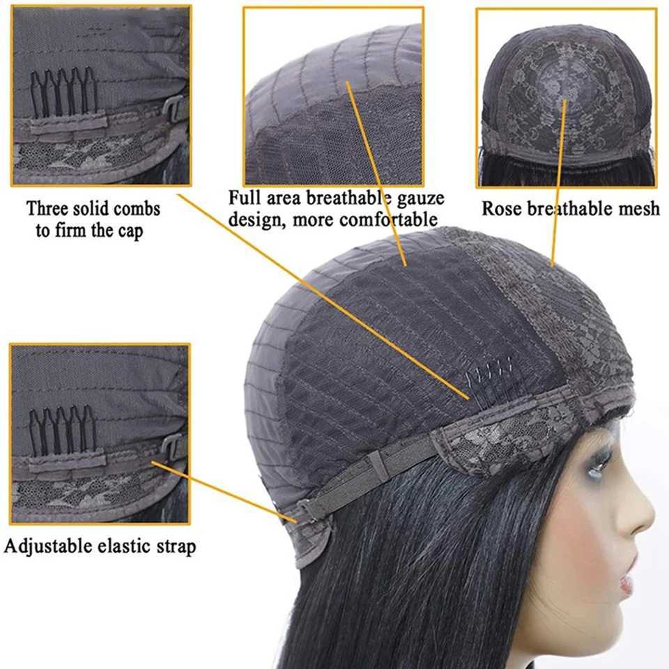 Perruques synthétiques Perruques synthétiques brésiliennes cheveux courts raides Bob perruques perruque de cheveux humains avec frange Remy entièrement faite à la Machine perruque pour femmes sans dentelle sans colle Bob perruque 240329