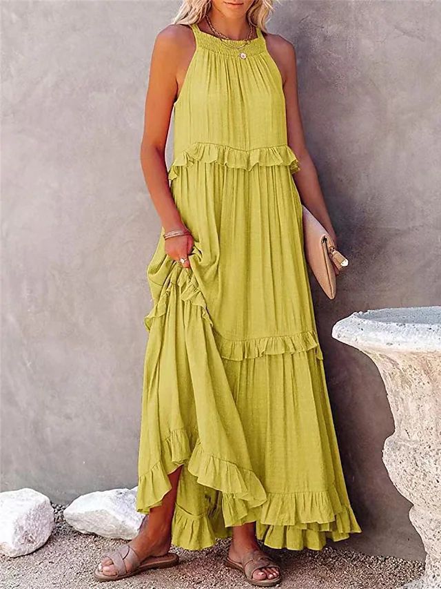 Abiti casual da donna Boho senza maniche con cinturino spaghetti Abito maxi a strati a strati lunghi Abiti da sole larghi da spiaggia