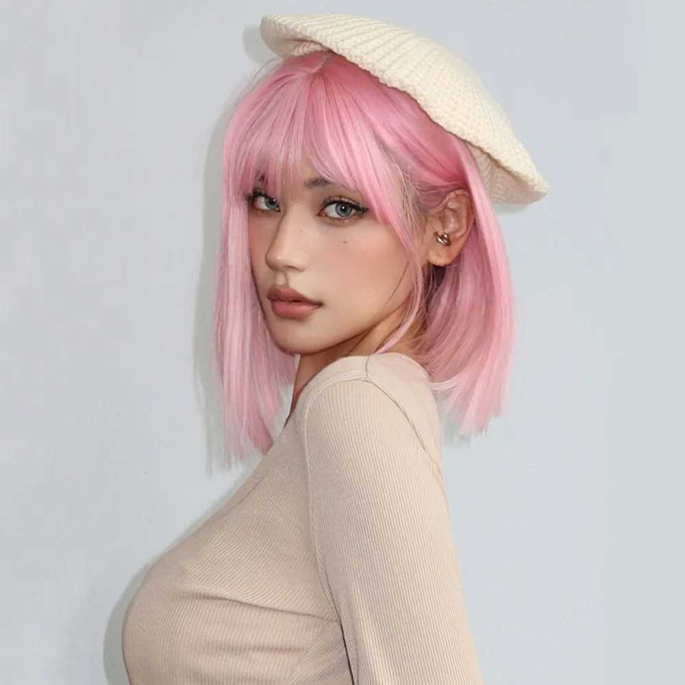 Synthetische pruiken HENRY MARGU Korte roze pruiken met pony Rechte bob Roze pruik Synthetisch nephaar Roze Kleurrijk Cosplay Feestpruik voor dames Meisjes 240328 240327