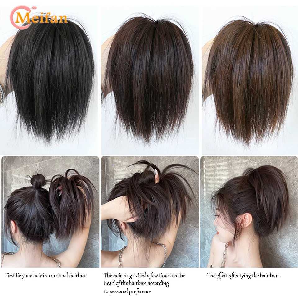 Synthetic Wigs MEIFAN Synthetic Messy Straight Hair Bun Elastic Band Fluffy Hair Chignon Scrunchy Wrap Updo False Hairpiece For Wome 240329