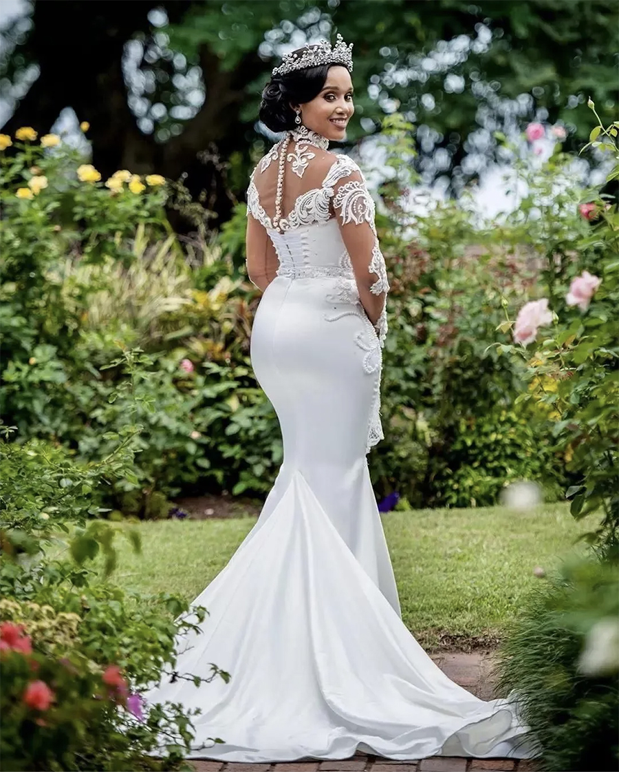 2024 luxo alto pescoço sereia vestidos de casamento vestidos de noiva varredura trem rendas pérolas de cristal contas plus size africano nigeriano fishtail robe de mariee mangas compridas