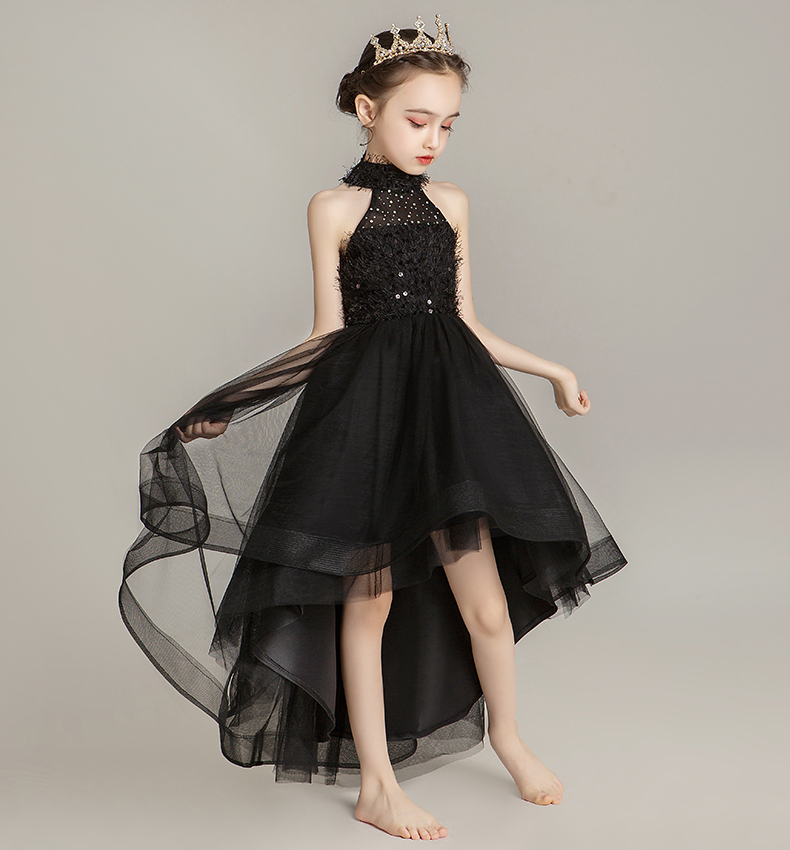 Encantador preto halter tule hi-lo vestido da menina de flor vestidos de concurso da menina vestidos de festa/aniversário saia da menina personalizado tamanho 2-12 d318011