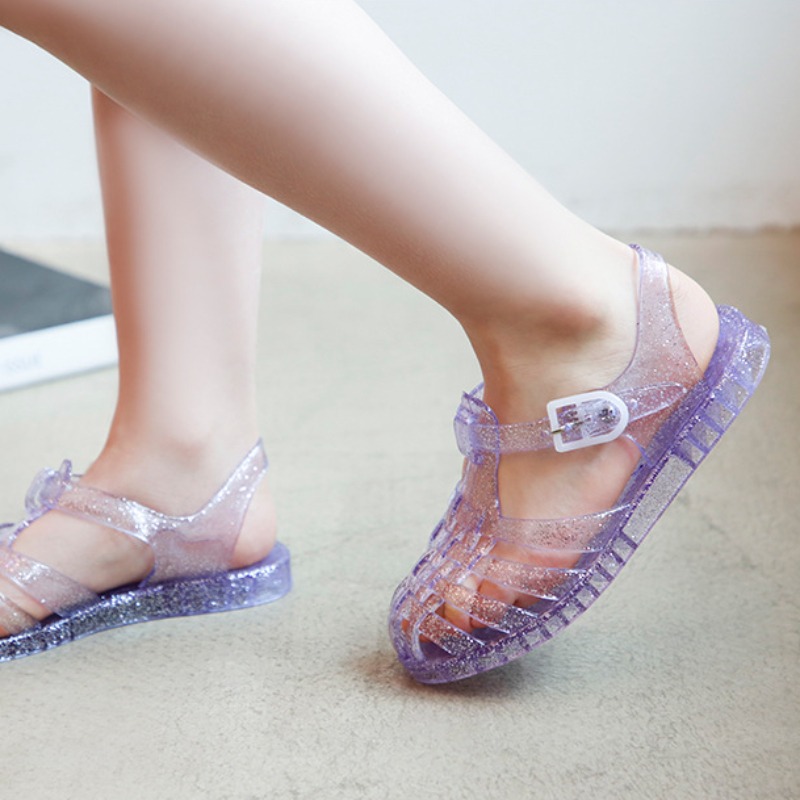 Girls' Crystal Jelly Sandals Flat Beach Shoes for Summer, Anti-Slip for Outdoor