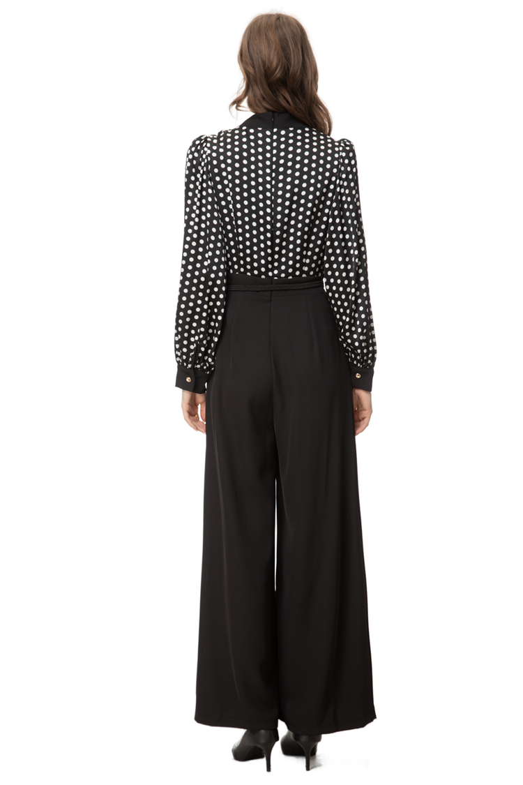 Women's Runway Jumpsuits& Rompers V Neck Long Sleeves Polka Dots Printed Wide Leg Elegant Fashion Pants