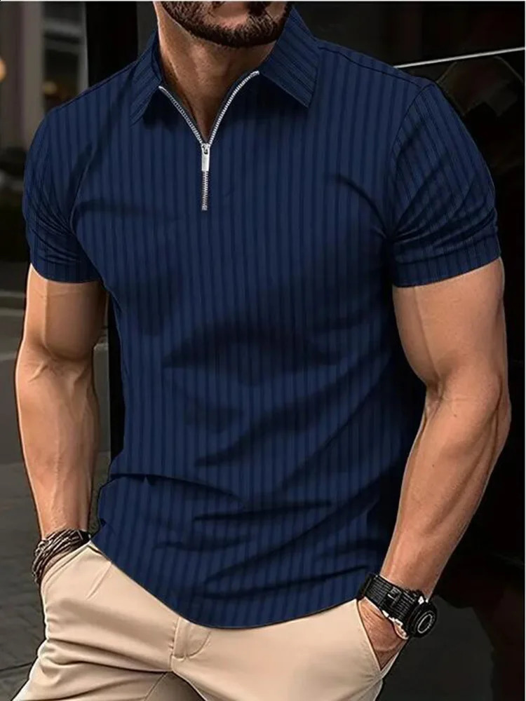 Summer Mens Striped Modna lekka, krótkie rękawowe, swobodna koszula polo z półprzepustową elastyczną T-shirt z krótkim rękawem 240318