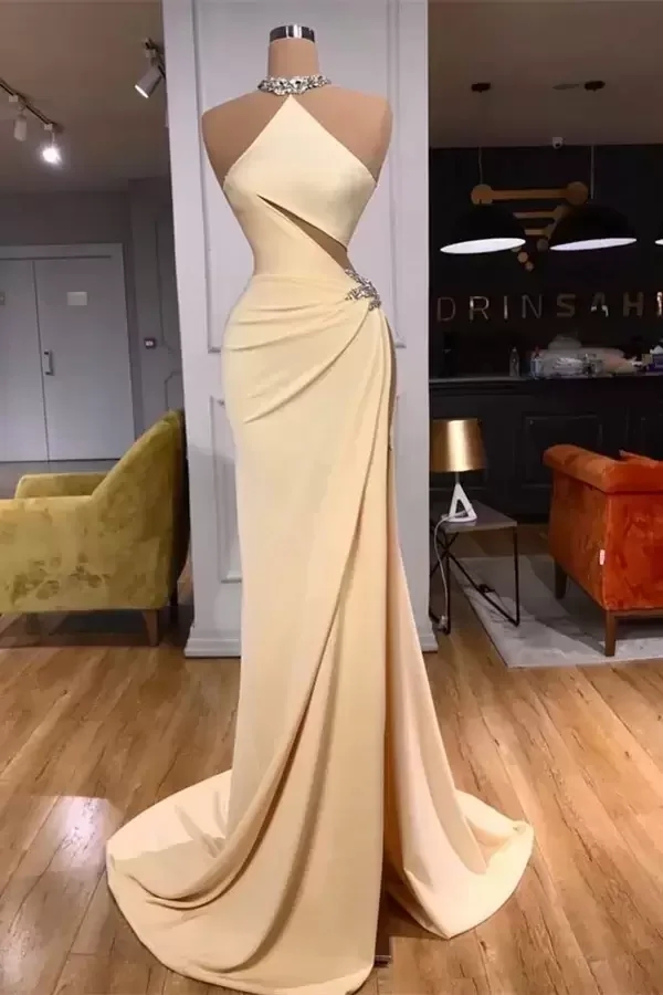 Sexy Halter Neck Sleeveless Long Evening Dresses Backless Cutaway Sides Beads Sequins High Split Prom Party Gowns Robe De Mariee YD