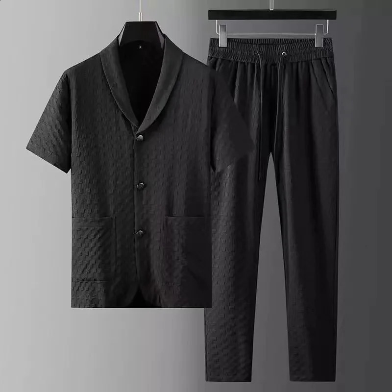 Mode Mens Two Piece Set Spring Summer Casual Short Hleeve Shirts Pants Passar Solid Geometry Pattern Printed Outfit Men 240312