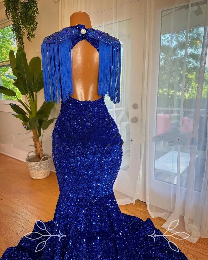 Stunning Blue Prom Dresses For Black Girls 2024 Sheer Neck Crystal Sequin Mermaid Party Gowns Birthday Party Gowns Robe De Bal