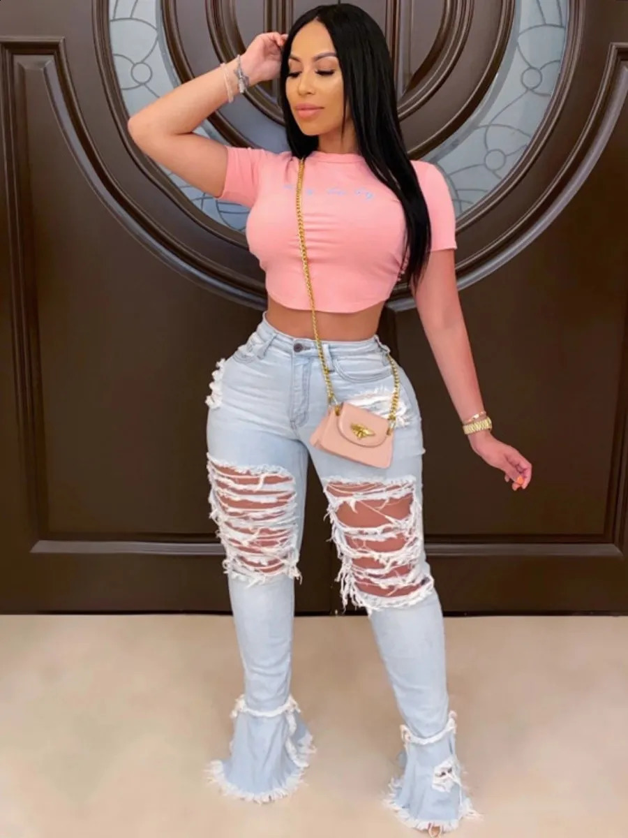 LW Plus Size Ripped Flad High Stretchy Jeans Streetwear Straight Pants Loose Wide Leg Pants Ladies Jeans Y2K Summer Jean240318