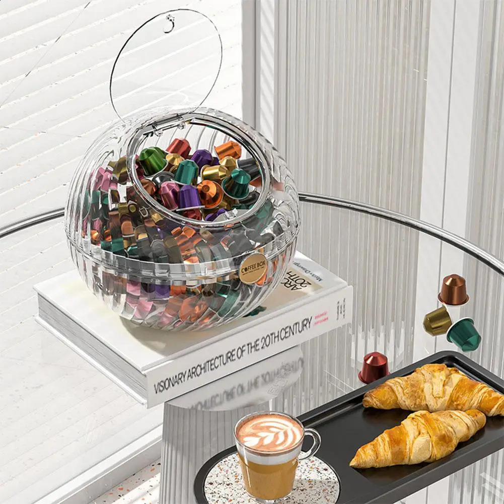 Transparente kugelförmige Aufbewahrungsbox für Kaffeekapseln, großer Desktop, offen, mit Kapazität, Dekoration, Deckel, Glas, Organizer, Süßigkeiten, Snacks, D5p0 240307