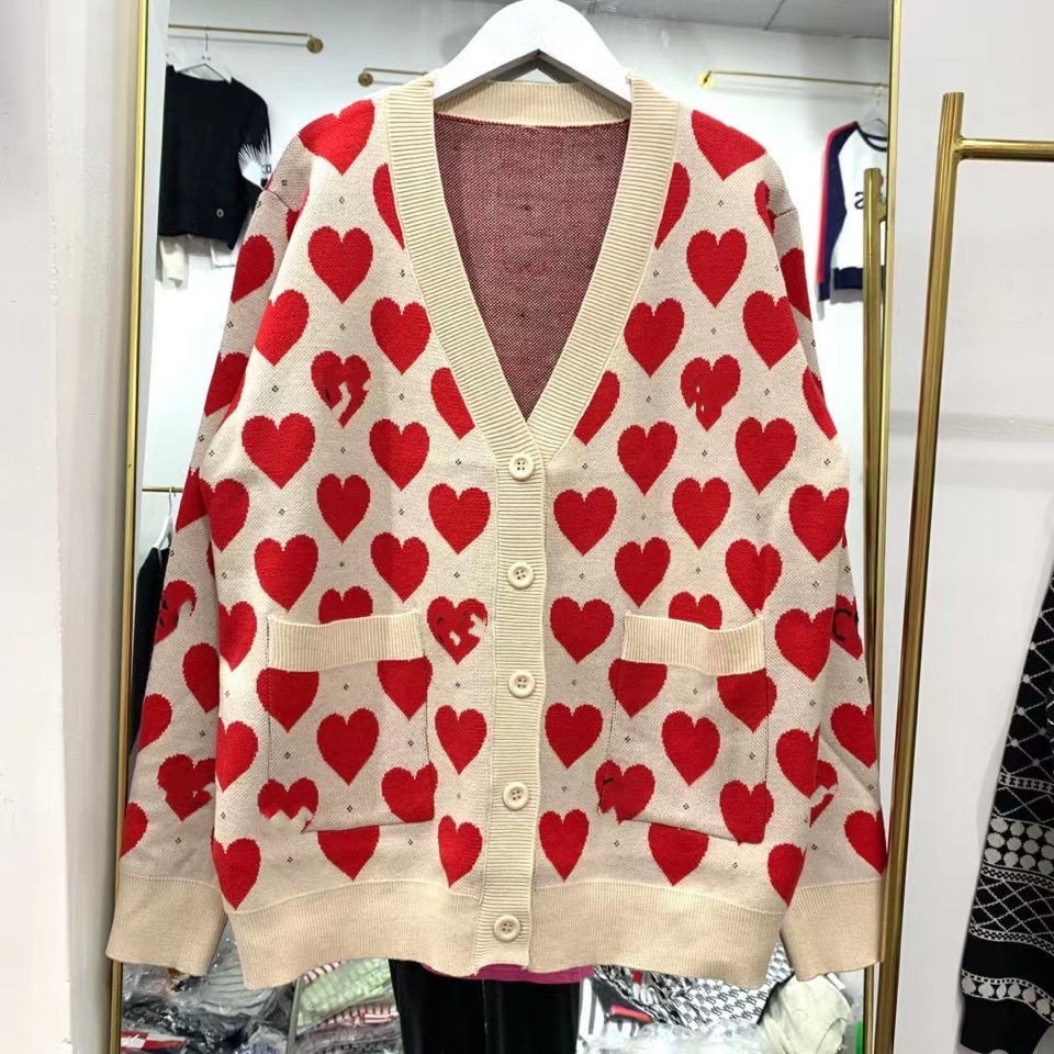 Cardigans amples tricotés à motif imprimé cœur d'amour pour femmes, col en v, SMLXL