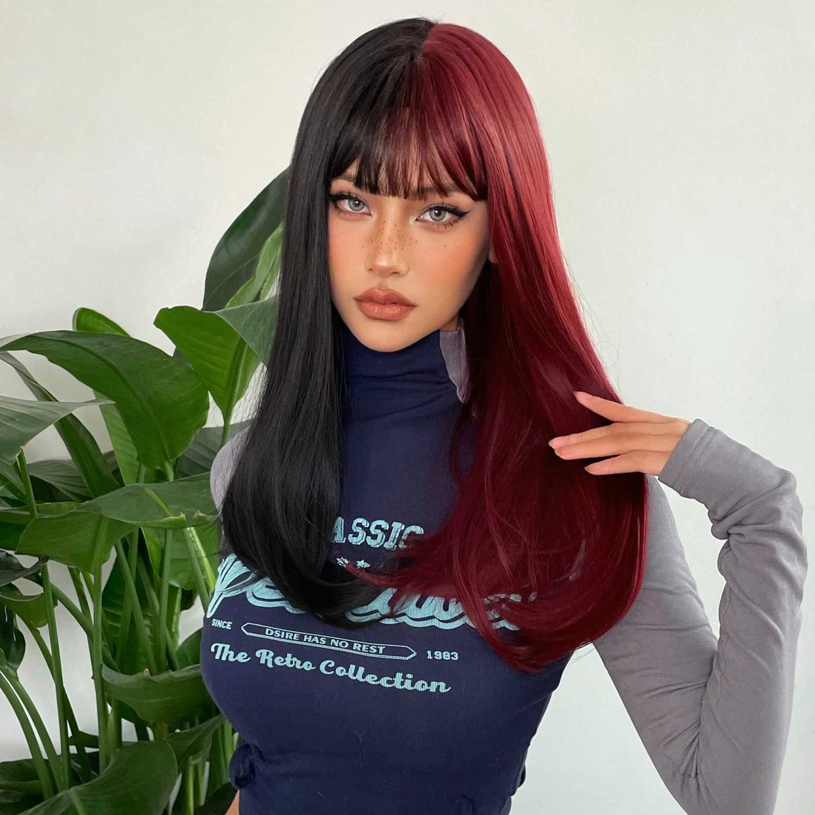 Perucas sintéticas preto e vermelho escuro longo reto perucas de cabelo sintético com franja cosplay festa halloween peruca de dois tons para mulheres resistente ao calor 240328 240327