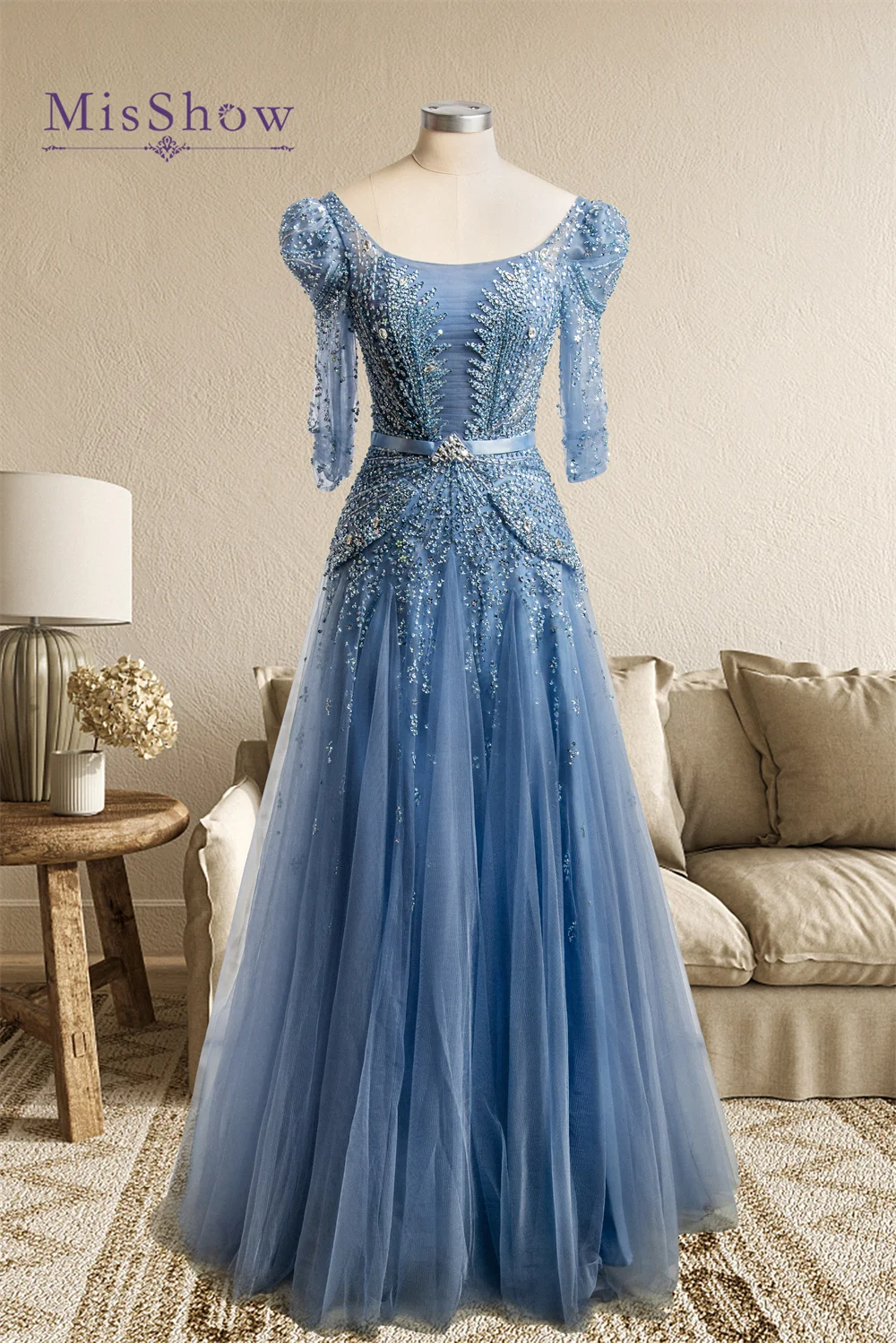 Real Photos Dubai Luxury Beaded Evening Dresses Women 2024 Blue Sequined Appliques Beads Arabic Formal Prom Party Gowns BC16787