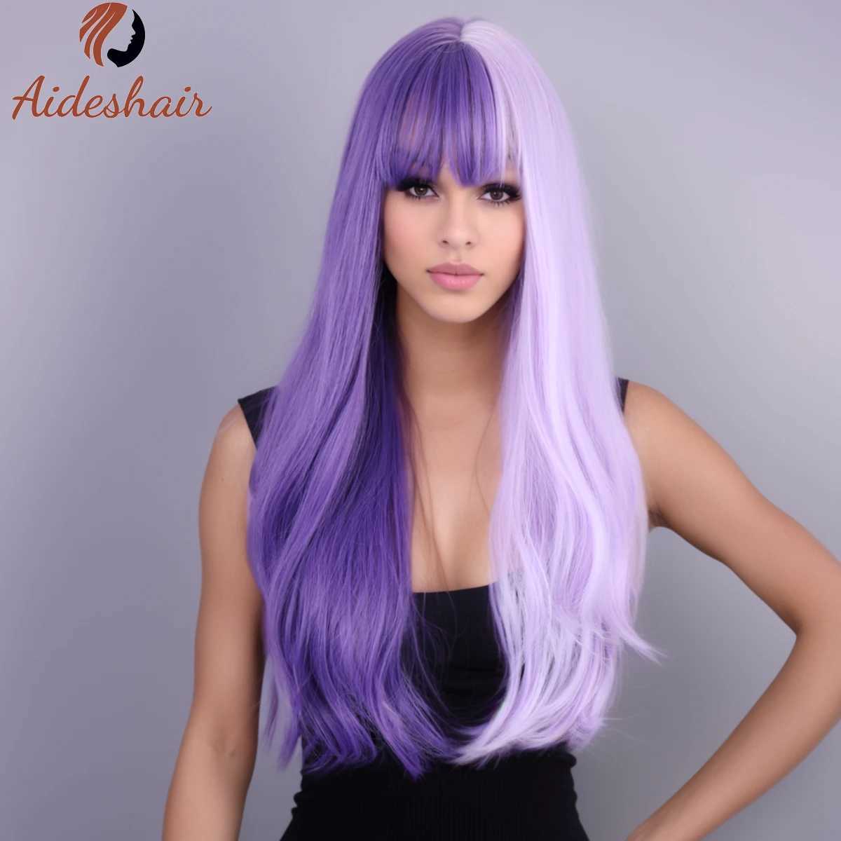 Synthetic Wigs Matching color long pink purple wavy wig with fringe for women natural synthetic curly wig heat-resistant fiber wig for daily Co 240328 240327