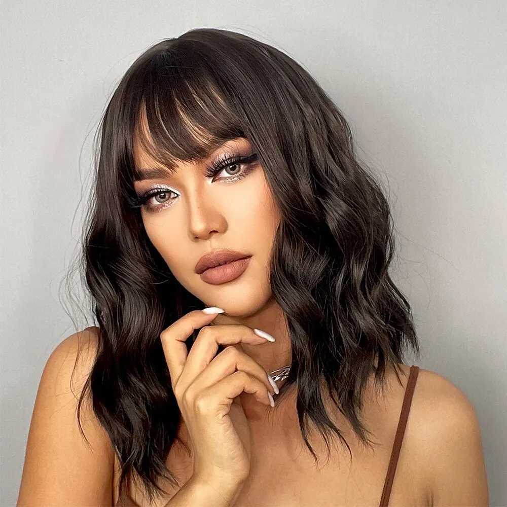 Synthetic Wigs Short Wavy Bob Wigs for Women Dark Brown Bob Natural Synthetic Wig with Bangs for Girl Daily Cosplay Use Heat Resistant 240328 240327