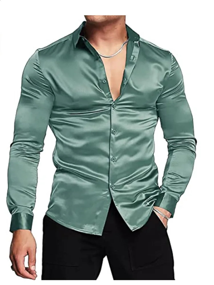 Mens luxurious shiny silk satin dress shirt Long sleeved casual slim muscle buttondown Plus size S3XL 240307