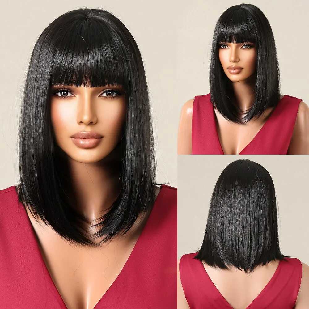 Perucas sintéticas Natural Black Wig Curto Reto Bob Peruca Sintética com Franja Fofa para Mulheres Afro Cosplay Diariamente Falso Cabelo Fibra Resistente ao Calor 240328 240327