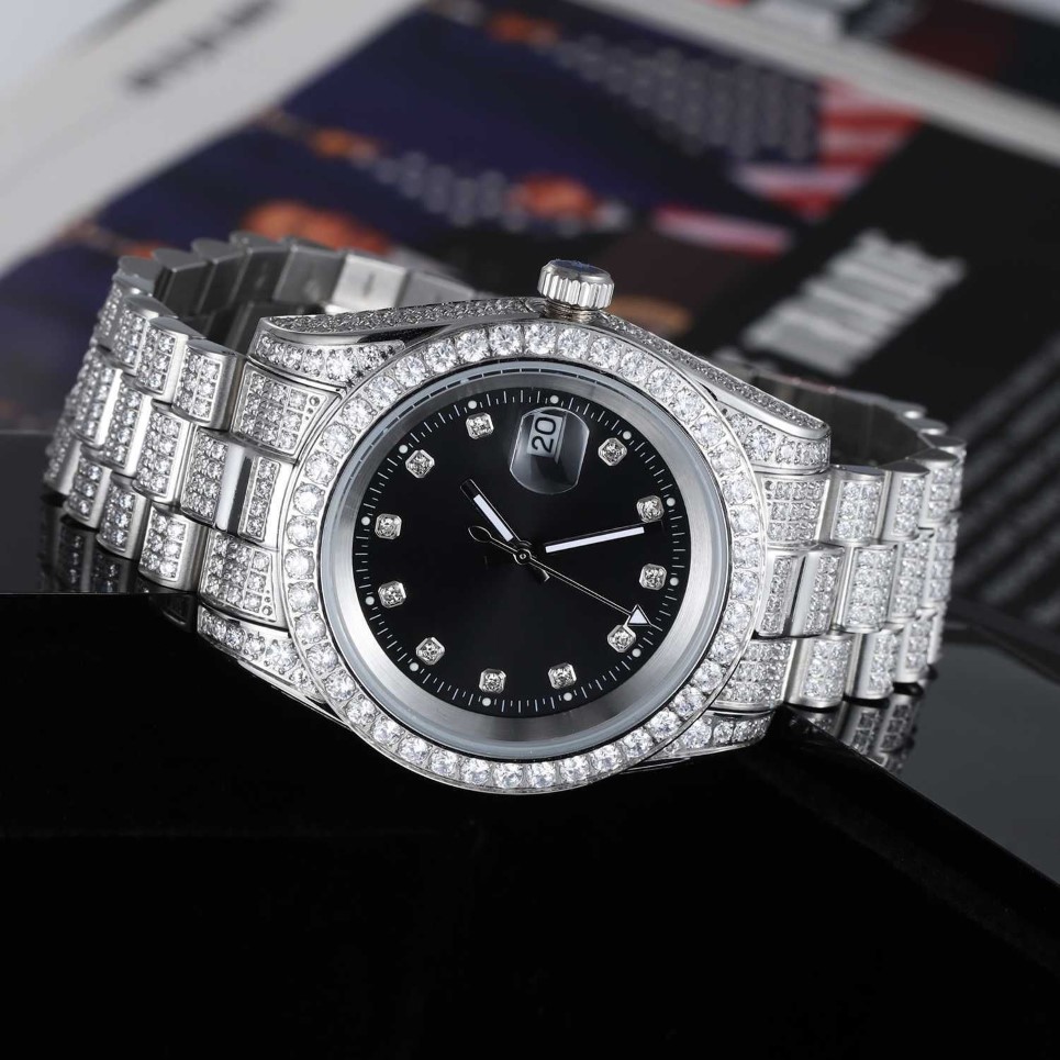 Luxe CZ diamant glacé plaqué or en acier inoxydable quartz hommes montre-bracelet 205n