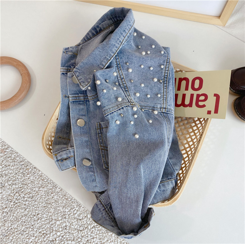 Fashion girls beaded denim jacket INS kids lapel long sleeve cowboy outwear children casual coat S1213