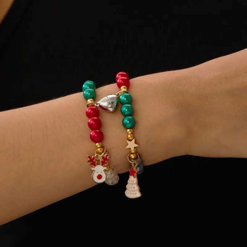 Chain Heart Magnet Bracelets Set For Lovers Santa Claus Tree Pendant Couple Bracelet Friendship Fashion Jewelry Christmas GiftL24