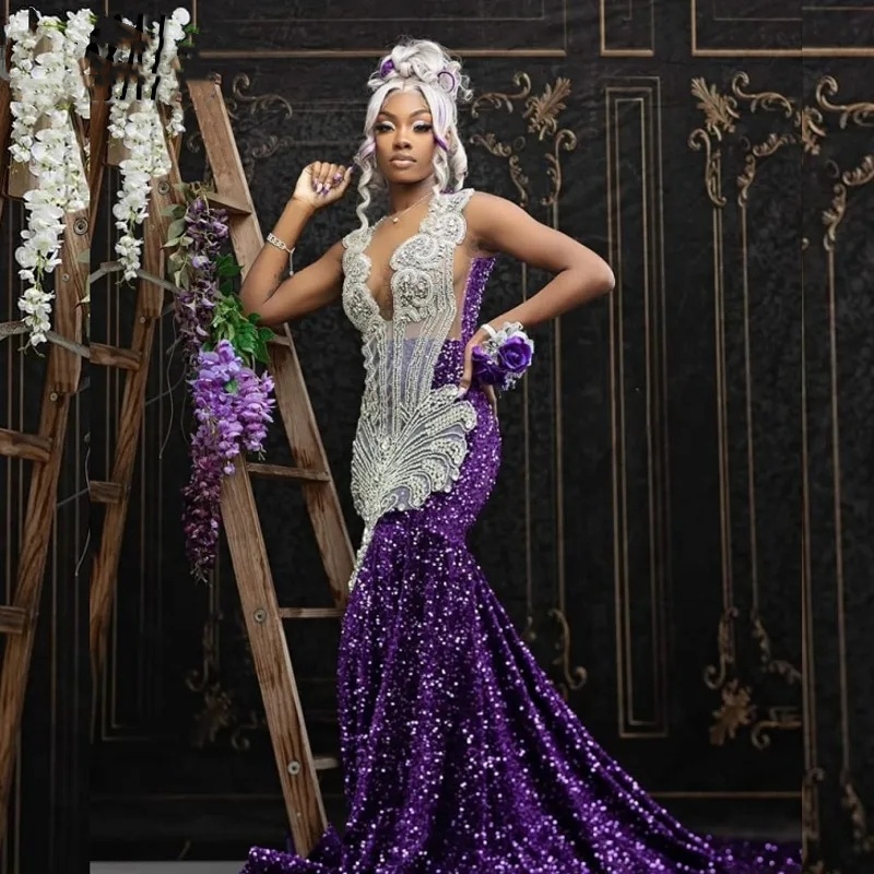 Stunning Purple Prom Dresses For Black Girls 2024 Sheer Neck Crystal Sequin Mermaid Party Gowns Long Birthday Outfits