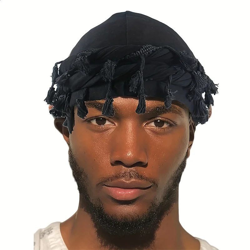 Vintage Twist Head Wraps Durag met kwastje voor mannen zwart grijs tulband sjaal stropdas jongens haar wrap 240318