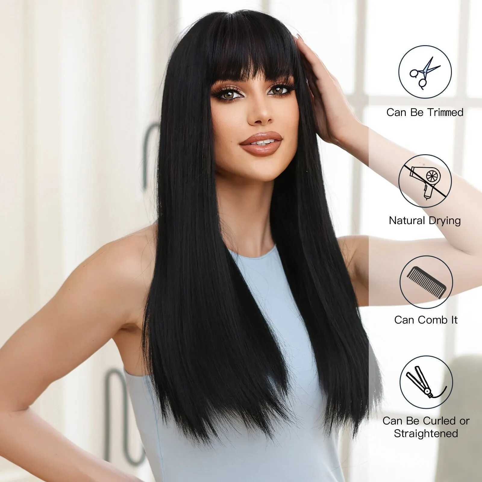 Pelucas sintéticas Pelucas largas de pelo sintético Natural negro para mujeres rectas con flequillo pelucas de pelo de Cosplay diario peluca de fibra resistente al calor 240318