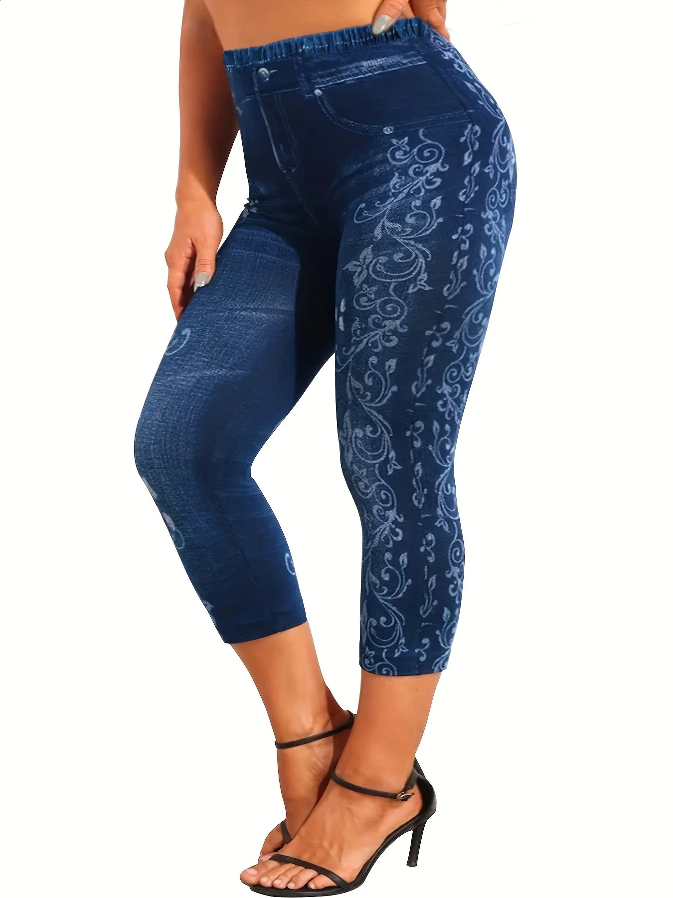 Femmes grande taille sport Leggings dame surdimensionné Denim imprimé fleuri taille haute maigre léger Stretch pantalon serré 240219