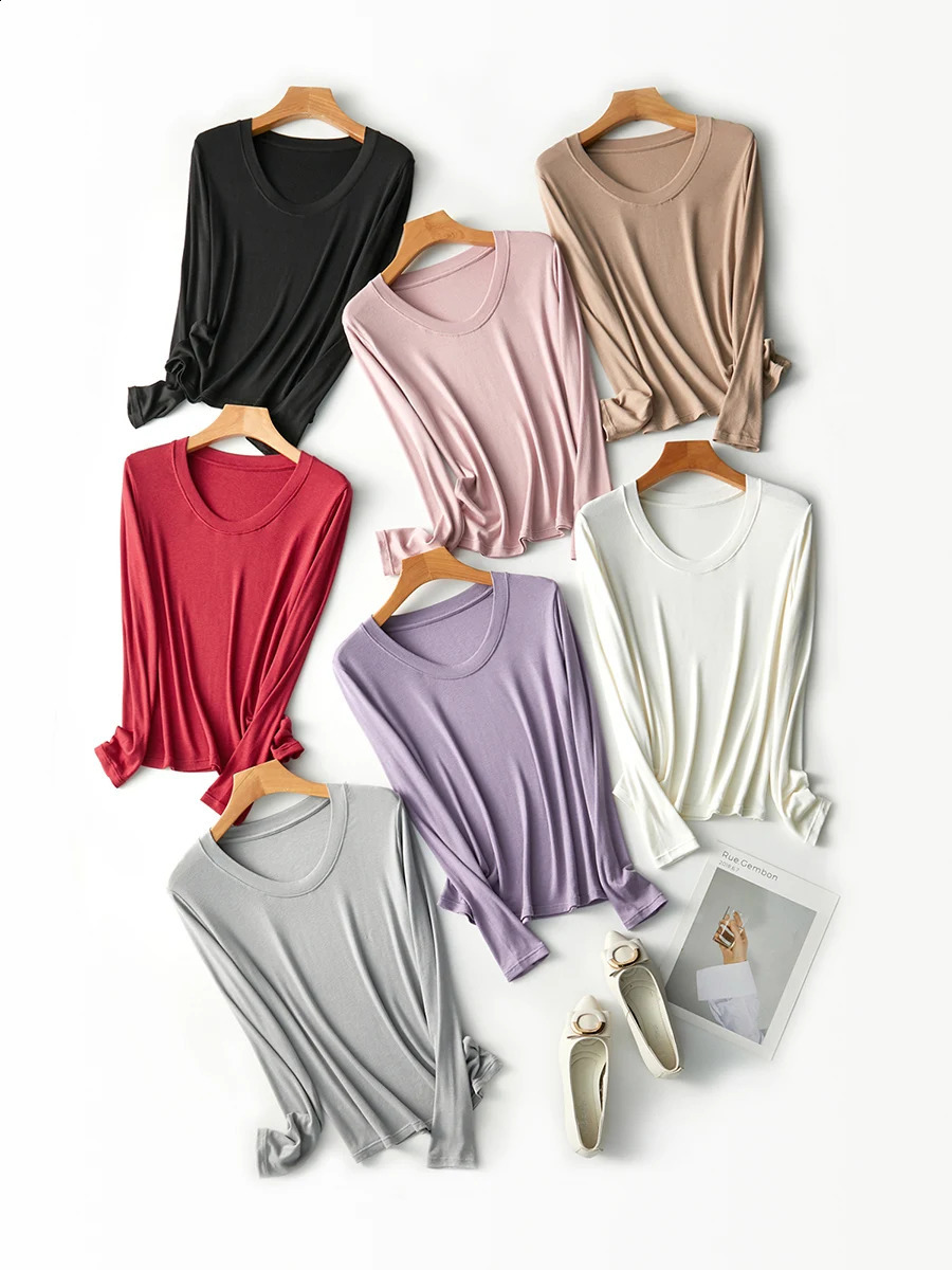 SuyaDream Womens Wool and Silk Blend T-Shirt Round Neck Long Sleeved Basic Tee Monochromatic Pink White Fall Winter 240311