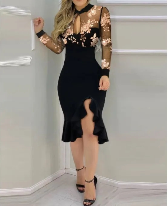 Sexy Mesh Ruffle Dress Long Sleeve Europe and America Fashion Wedding Guest Embroidered Sequin Elegant Party Dresses 240313