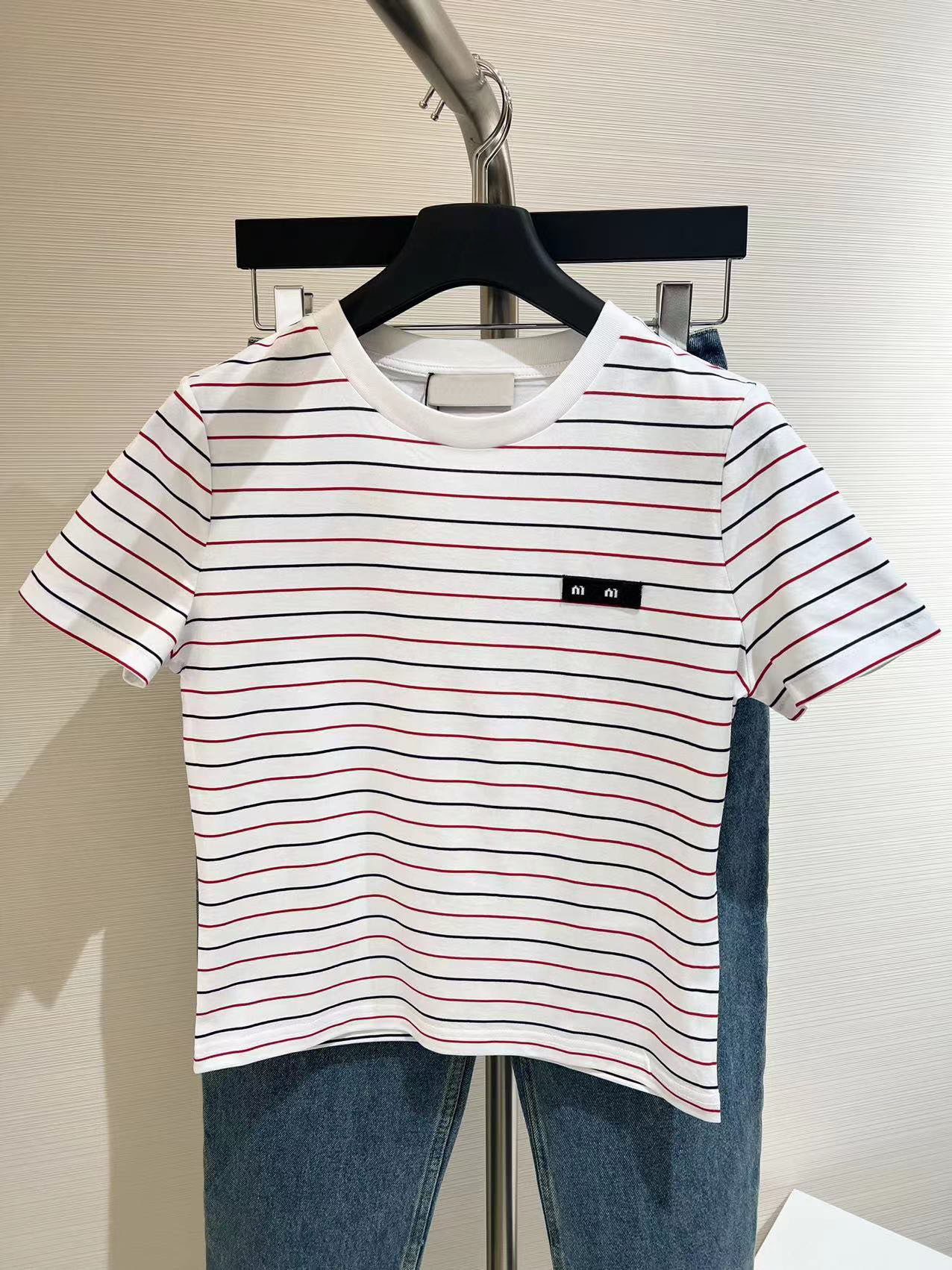 Spring Fashionable Simple Striped Contrast Color Sweet Slim-fit All-match Short Round Neck Long Sleeve T-shirt Top