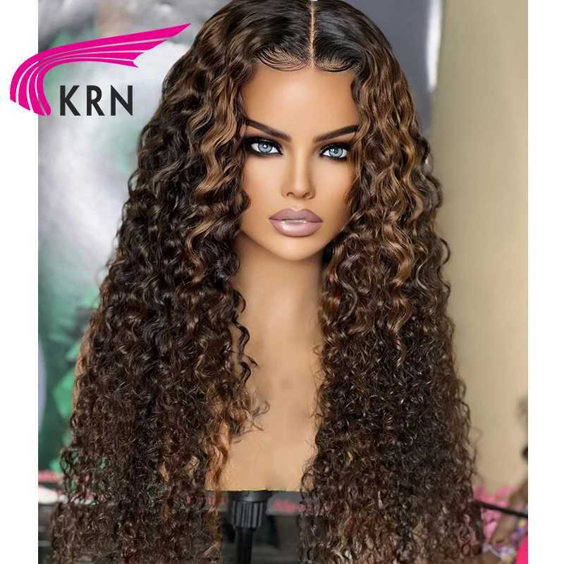 Syntetyczne peruki Krn Ombre Blonde Curly 4x4 Peruki z dziecięcymi włosami 13x6 koronkowe przednie brazylijskie peruki włosy Podświetl ludzką perukę włosów dla kobiet 240329