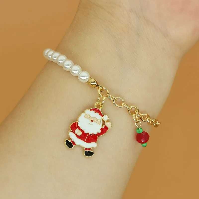 Kedja Nya jularmband Imitation Pearl Santa Claus Snowman Pendant Armband Bangle For Women Charm New Year Xmas Jewelry Giftl24